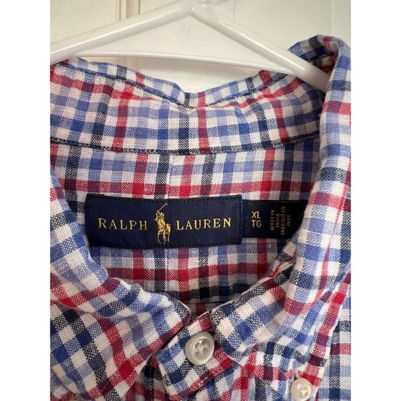 Men’s Polo Ralph Lauren Red White Blue 100% Linen Button Down Shirt Size XL - Picture 4 of 13